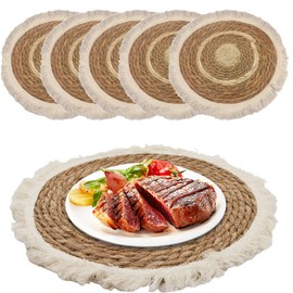 Round Woven Tassel Placemats of 6 for Dining Table Indoor Outdoor Decor,14.9 inches Tassel Farmhouse Spring Style Placemats, Lovely Gifts for Mother's Day,St. Patrick's Day,Easter