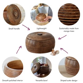 Paper High Hand Carved Mango Wood Bowl with Lid | Fair Trade | Handmade | Sustainable Wooden Storage Bowls (Medium)
