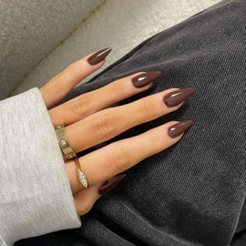 SXVME 48 Pcs Brown False Nails Almond Medium Length, Acrylic Press on Nails Stiletto, Solid Color Glossy Gel Full Cover Fake Nails for Women Finger Decoration