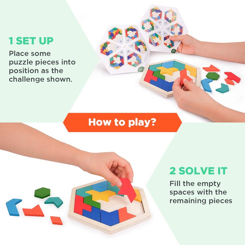 Wooden Hexagon Tangram Puzzle for Kids Adults, Geometric Shape Pattern
