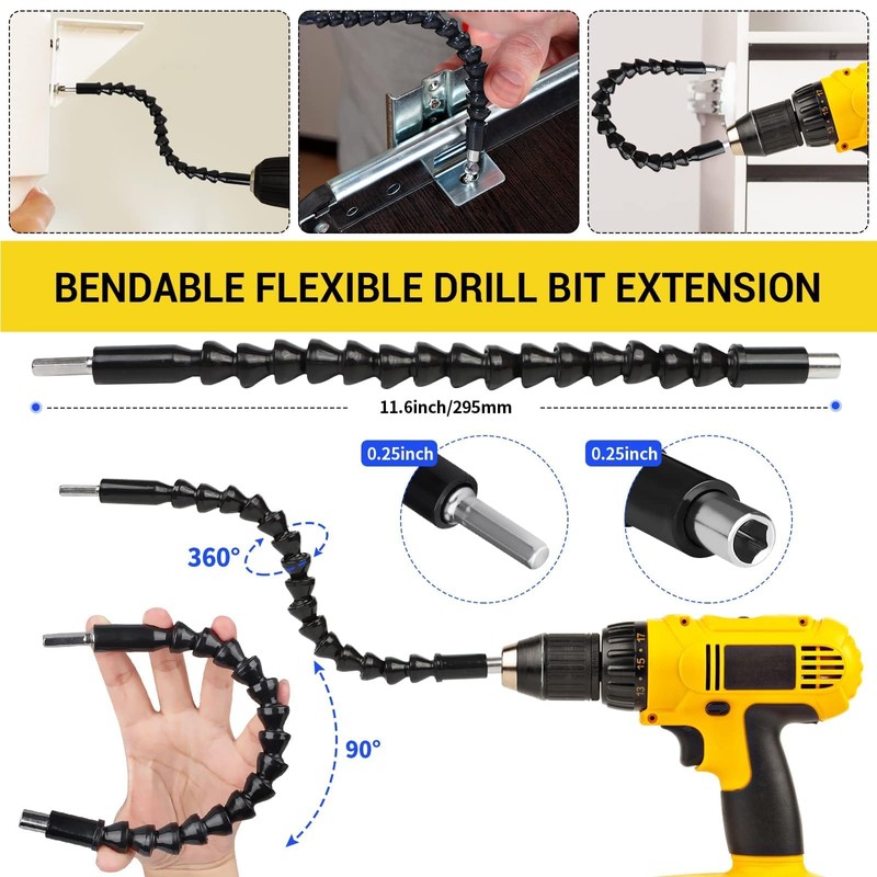 Flexible Drill Bit Extension Set, Including Right Angle Drill Attachmen,