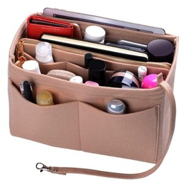 SUQ Handbag Organiser Insert Shaper, 2 in1 Bag Insert with Zipped Waterproof Pocket, Felt ​Bag Organize, Purse Organizer, Bag Pouch, Tote Tidy Organizer, Beige, Medium, 25 * 13 * 15