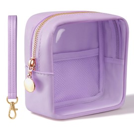 UUYUUY Clear Mini Makeup Bag for Women Waterproof Make Up Bag Portable Toiletry Bag Travel Essentials Cosmetic Bag Purse Cute Makeup Bag Organizer Small Car Pouch with Removable Handle, Purple