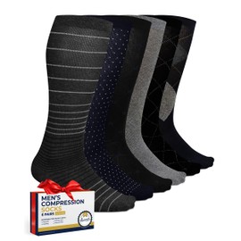 Pembrook Light Compression Socks for Men - 6 Pairs | 8-15 mmHg Cotton Compression Socks Men | Polkadots, Stripes, Argyle, Grey, Black Compression Sock | Support Socks