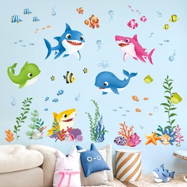 decalmile Under The Sea Fish Wall Decals Colorful Sharks Seaweed Ocean Wall Stickers Kids Bedroom Nursery Bathroom Wall Decor