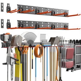 TORACK Garden Tool Organizer Wall Mount, Garage Folding Chair Storage Rack, Tools Rack for Shovels, Rakes, Broom, Ladders, Hooks for Keyhole Style Shelving Unit