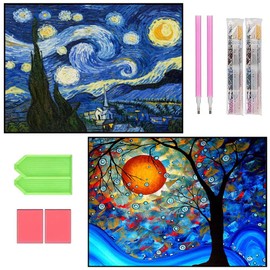 2 PCS Dimond Painting, Cuadro de Diamantes Van Gogh Noche. Pintura De Diamantes, Adecuado para Decoración del Hogar, Regalos para Niños Adultos (Estilo Azul)