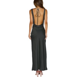 Satin Cowl Neck Sleeveless Backless Maxi Wedding Guest Dress Silk Open Back Tie Back Prom Formal Dresses for Women 2024 Black
