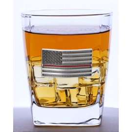 Indiana Metal Craft 13 Oz Double Old Fashion Glass with Thin Red Line American Flag Pewter Emblem
