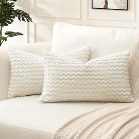 Artscope Pom Poms Decorative Corduroy Cushion Covers 40x60cm Super Soft Boho Striped Lumbar Pillow Covers Case Geometric for Sofa Couch Bedroom Car Decor Set of 2, Cream Beige