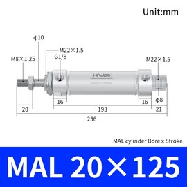 HNJPC MAL Mini Cylinder 20 mm Bore 125 mm Stoke Aluminium Alloy Round Small Double Acting Air Cylinder MAL20 x 125