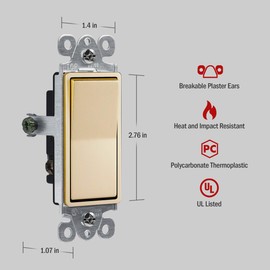 ENERLITES 3-Way Decorator Paddle Light Switch, Gloss Finish, Single Pole or Three Way, 3 Wire, Grounding Screw, Residential Grade, 15A 120V/277V, UL Listed, 93150-GD, Gold