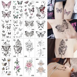 mefeny Tattoo Stickers, Butterfly, Flower, Rose, Tattoo Stickers, Set of 15, Cute, Cool, Stylish, Removable, Long Lasting, Women's, Festivals, Birthday