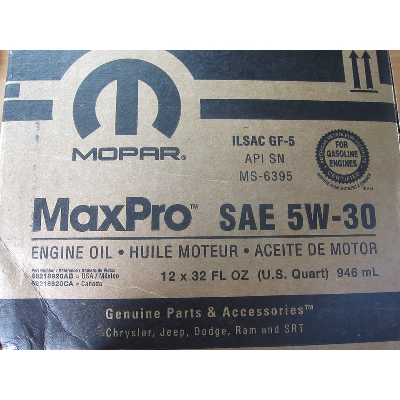 Mopar Chrysler Dodge Jeep Ram Six Quarts of SAE 5W-30