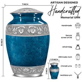 AmericUrn Set of 4 Funeral & Cremation Urn for Ashes Adult Male & Female with 1 Large Marble Blue Decorative Urn for Human Ashes Adult Man 2 Small Keepsakes & 1 NecklaceUrn Handcrafted in India