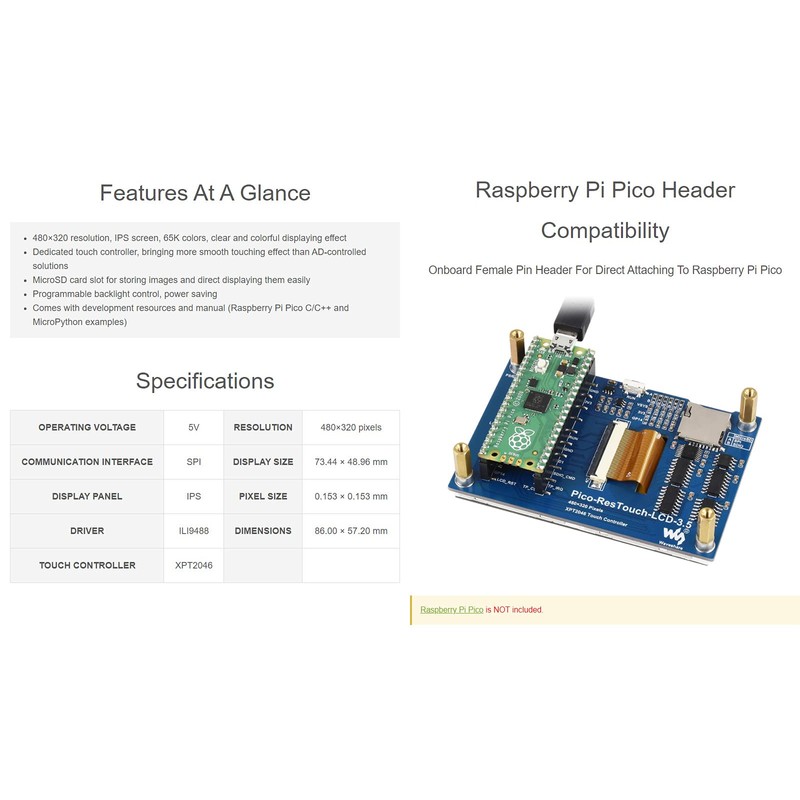 Waveshare 3.5inch Touch Display Module for Raspberry Pi Pico 65K