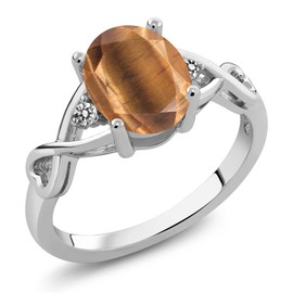 Gem Stone King 1.56 Ct Oval Brown Tiger Eye White Diamond 925 Sterling Silver Ring (Size 9)