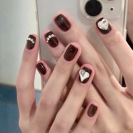 Onsdag Press on Nails Square Short, 24Pcs Acrylic Dark Red False Nails with Big Heart Rhinestone Designs Glossy Full Cover Reusable Artificial Coffin Fake Nails Sets with Glue for Women Girls