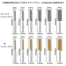 YUENTOEN Wire Brush, Hexagonal Shaft Brass Brush, 12 Pieces (Φ8 mm, Φ9 mm, Φ10 mm, Φ11 mm, Φ12 mm, Φ13 mm, Φ14 mm, Φ15 mm, Φ16 mm, Φ17 mm, Φ18 mm, Φ19 mm), Pipe Brush for Cleaning, Polishing, Rust Removing, and Cleaning
