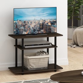 Furinno Turn-N-Tube No Tools 3-Tier Entertainment Center TV Stand for TV up to 32 Inch, Plastic Round Tubes, Dark Brown/Black