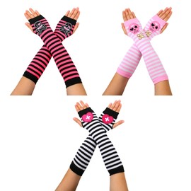Arm Warmers - 3PCS Long Fingerless Gloves, Arm Warmers Y2K Accessories, Wrist Warmers for Women, Wrist Warmers for Women,Goth Gloves,Skull Punk Stripe Fingerless Sleeves for Girls,Striped Arm Warmers