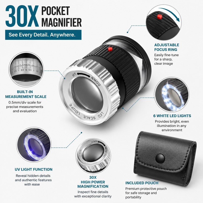 30X Pocket Magnifier for Jewelry & Coins – LED UV