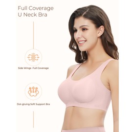 Falorda Pullover Wireless Bras for Women, Seamless Full Coverage Comfortable U Neck No Underwire T-Shirt Bra (Pink,Medium)