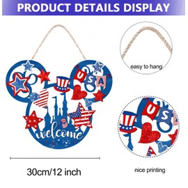 4th of July Welcome Mouse Door Sign Fourth of July Wreaths Front Door Patriotic Decorations Memorial Day Wooden Welcome Sign Hanging Decor for Porch Wall Indoor Home Decor