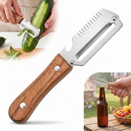 3-in-1 Multifunctional Vegetable Peeler, Curved Stainless Steel Blade Wooden Handle & Built-In Bottle Opener Kitchen Tool for Sugar Cane, Potato, Fruit, Pumpkin, Carrot Veggie Peeler (1PCS)