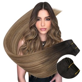 Ugeat Weft Hair Extensions Brown Sew in Hair Extensions Real Human Hair Double Weft Darkest Brown Mix Medium Brown with Blonde Balayage Hand Hair Weft Hair Extensions Sew in 16inch 105G
