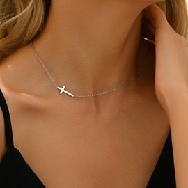 Nawflue Cross Necklace for Women White Gold Dainty Sideways Cross Choker Chain Necklace Adjustable Stainless Steel Trendy Faith Jewelry