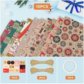 Simpeak Papel de Regalo Navidad Kraft 10 Hojas Papel Regalo Reciclado 70 * 50 cm con Cuerdas 20 m y Etiqueta, Papel Regalo Plegado Vintage para Fiesta Cumpleaños Aniversario Regalo de San Valentín