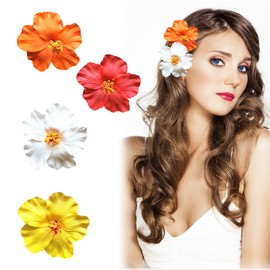 XQMMGO Pack of 4 Hawaiian Flower Hair Clips, Hibiscus Hair Clip, Frangipani Hair Accessories, Hibiscus Hair Clip, Holiday, Beach Party, Swimming (White, Red, Yellow, Orange)