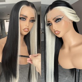 BLL Lace Front Wig, Skunk Stripe Wig 13X4 Lace Wig Pre Plucked Glueless Synthetic Lace Front Wigs Heat Resistant Long Straight Black and Blonde Wig 26inch