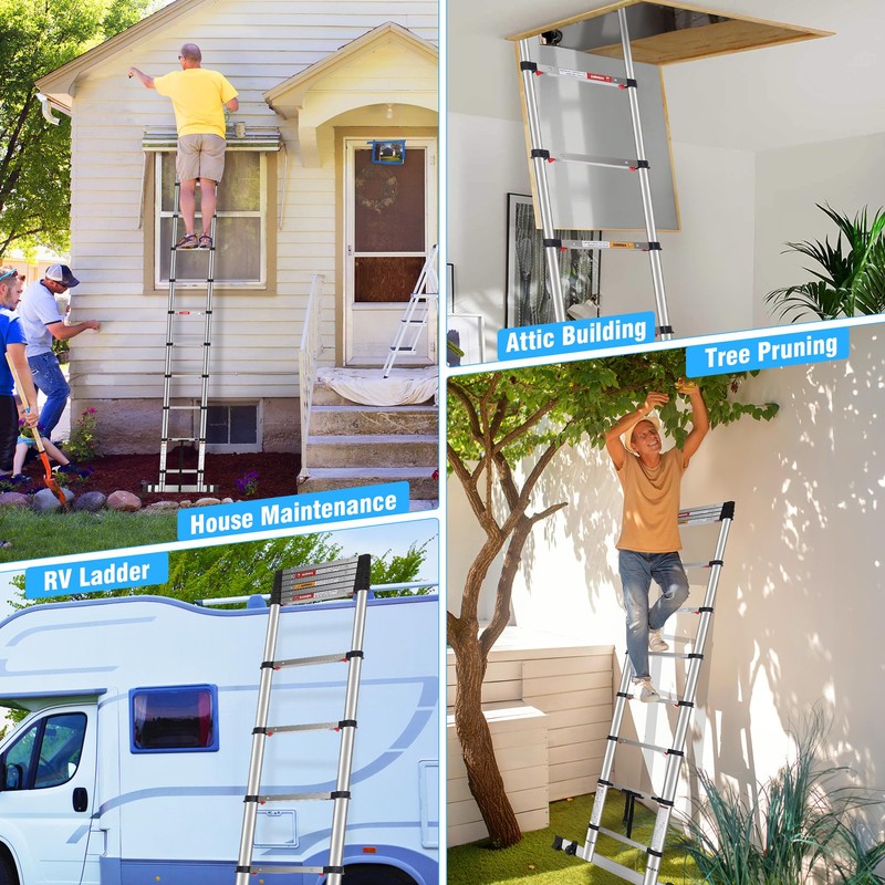 DEZEX 10.5 FT Stainless Steel Telescoping Ladders - One-Button Retraction