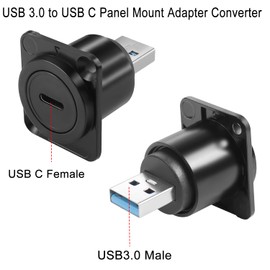 QIANRENON USB 3.0 to USB C Panel Mount Adapter Converter 5Gbps USB3.0 Male to USB C Female Data Connector USB3.0 to Type C Mounting Socket, D Panel/XLR Panel Mount, for Data Transfer/Charging