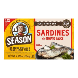 Season Sardines in Tomato Sauce - Wild Caught, 22g of Protein, Keto Snacks, More Omega 3's Than Tuna, Kosher, High in Calcium, Canned Sardines - 4.37 Oz Tins, 12-Pack