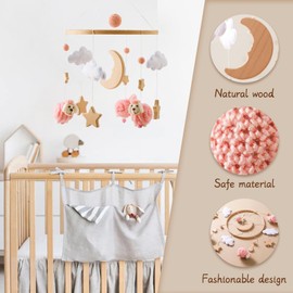 Herfair Mobile Baby Bed Bell with Stars, Moon, Sheep, Wood, Girls, Hanging Mobile Wind Chime for Cot, Cot (Pink)