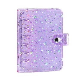 NEWEST A7 Binder Cover PVC 6-Ring Binder Cover with Snap Button Closure Refillable Loose Leaf Folder Notebook for 6 Holes Planner Pages Insert Budget Sheet Cash Envelopes Binder Pockets, Star Glitter