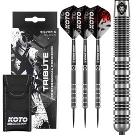 KOTO Tribute Darts 14 G, Silver & Black, Darts Set Including 3 Barrels, Flights + Shafts & Dart Wallet, Fixed Ring Grip