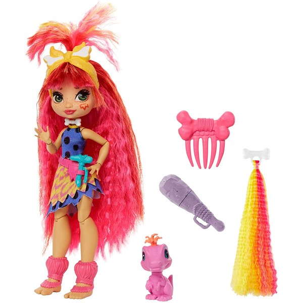 Mattel Cave Club Emberly Doll 8 – 10-inch, Pink Hair Poseable Prehistoric Fashion Doll with Dinosaur Pet and Accessories, Gift for 4 Year Olds and Up