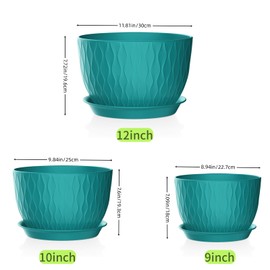 SQKH 12in/10in/9in Combination 3-Piece Garden Plant Pot with Water Ripple with Drain Hole and Tray.(Blue-Green)