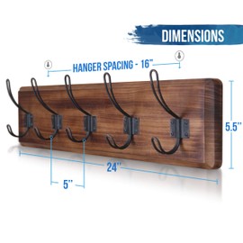 HBCY Creations Dark Wash Brown Rustic Coat Rack Wall Mount with 5 Hooks, Solid Pine Wood 24 inch Wall Hooks for Entryway, Mudroom, Hallway, Bathroom - Vintage Farmhouse Style Wall Mounted Towel Rack
