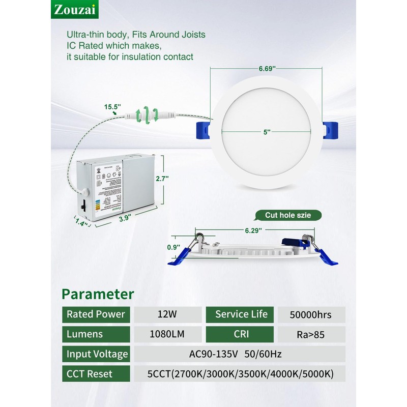 zouzai 6 Inch 5CCT Ultra-Thin LED Recessed Ceiling Light with
