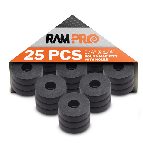 RAM-PRO 25-Piece Powerful Magnetic Round Ferrite Magnet Discs with ¼” Dia. Holes (3/4" x 1/4") – Universal Use on Frigidaire’s, Bulletin Boards & Arts-Crafts Projects, Etc.