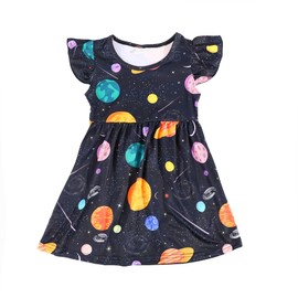 nebljgo Toddler Girls Universe Planet Printed Dresses Ruffle Bottom Flutter Sleeve Apparel 4-5T