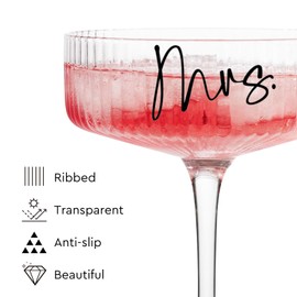 Ribbed Coupe Glasses for Anniversary Engagement Wedding Bridal Shower Gifts for Couple, Crystal Martini Glasses Set of 2, 10 Oz Vintage Wedding Mr and Mrs Champagne Flutes, Margarita Cocktail Glasses