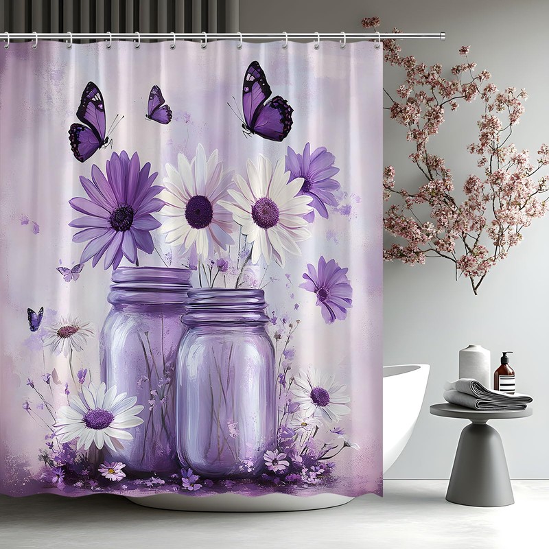 FAXTOZ Rustic Purple Butterfly Daisy Floral Glass Jar Shower Curtain,