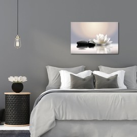 Artsbay Zen Stone Canvas Wall Art Black and White Lotus Bloom in Water with Spa Stone Calm Peaceful Still Life Bathroom Wall Decor for Yoga Meditation Room Living Room Office