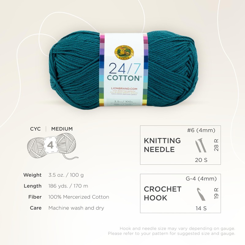 Lion Brand Yarn - Hilo de algodón 24/7, diseño de